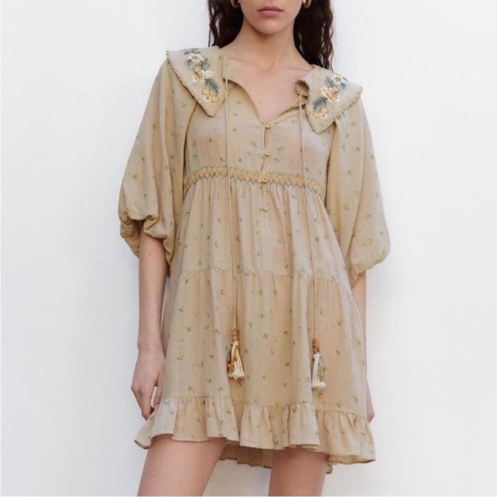 Zara Boho Floral Peter Pan Collar mini dress - Picture 2 of 12